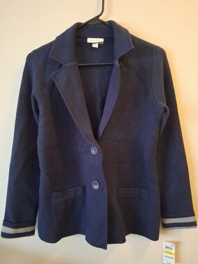 Charter Club Navy Knit Blazer with Striped Cuffs